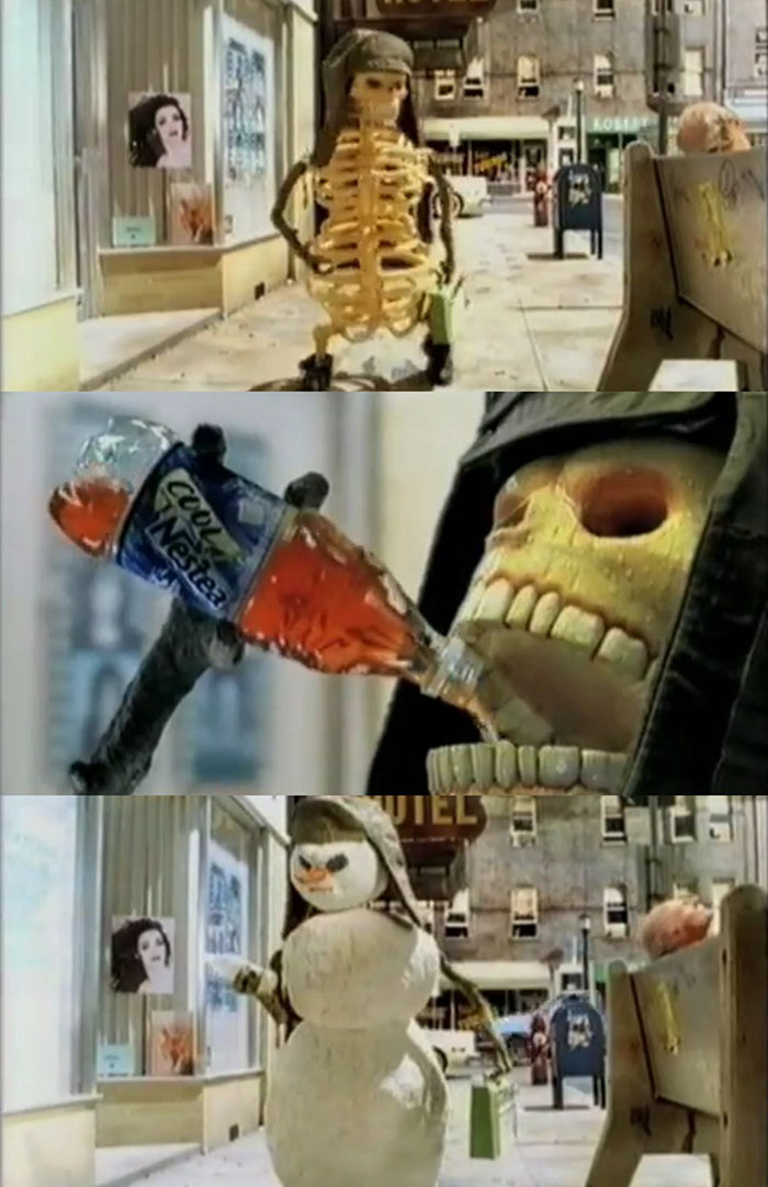 nestea iced tea ad with snowman skeleton