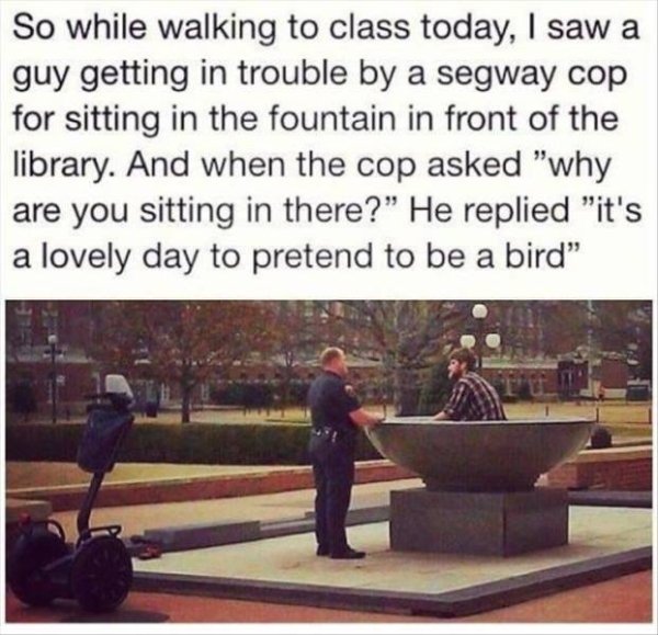So while walking to class today, I saw a guy getting in trouble by a segway cop for sitting in the fountain in front of the library. And when the cop asked "why are you sitting in there?" He replied "it's a lovely day to pretend to be a bird"