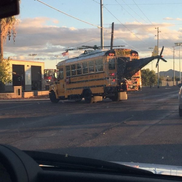 helicopter inside a school bus