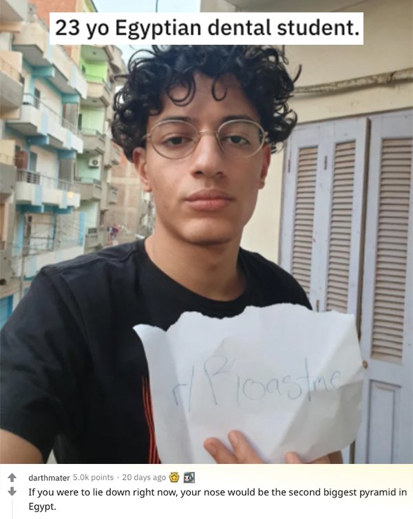 savage roasts - hairstyle - 23 yo Egyptian dental student. Plastic darthmater points. 20 days ago If you were to lie down right now, your nose would be the second biggest pyramid in Egypt.