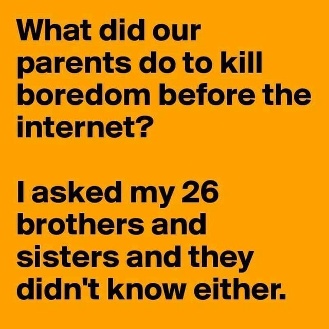 orange - What did our parents do to kill boredom before the internet? I asked my 26 brothers and sisters and they didn't know either.