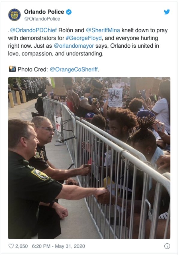 Police - Orlando Police Police . PDChief Rolon and Mina knelt down to pray with demonstrators for , and everyone hurting right now. Just as says, Orlando is united in love, compassion, and understanding. 3 Photo Cred . 4 2,650