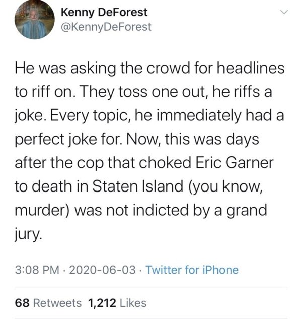 tweets post malone sprüche - Kenny DeForest DeForest He was asking the crowd for headlines to riff on. They toss one out, he riffs a joke. Every topic, he immediately had a perfect joke for. Now, this was days after the cop that choked Eric Garner to deat