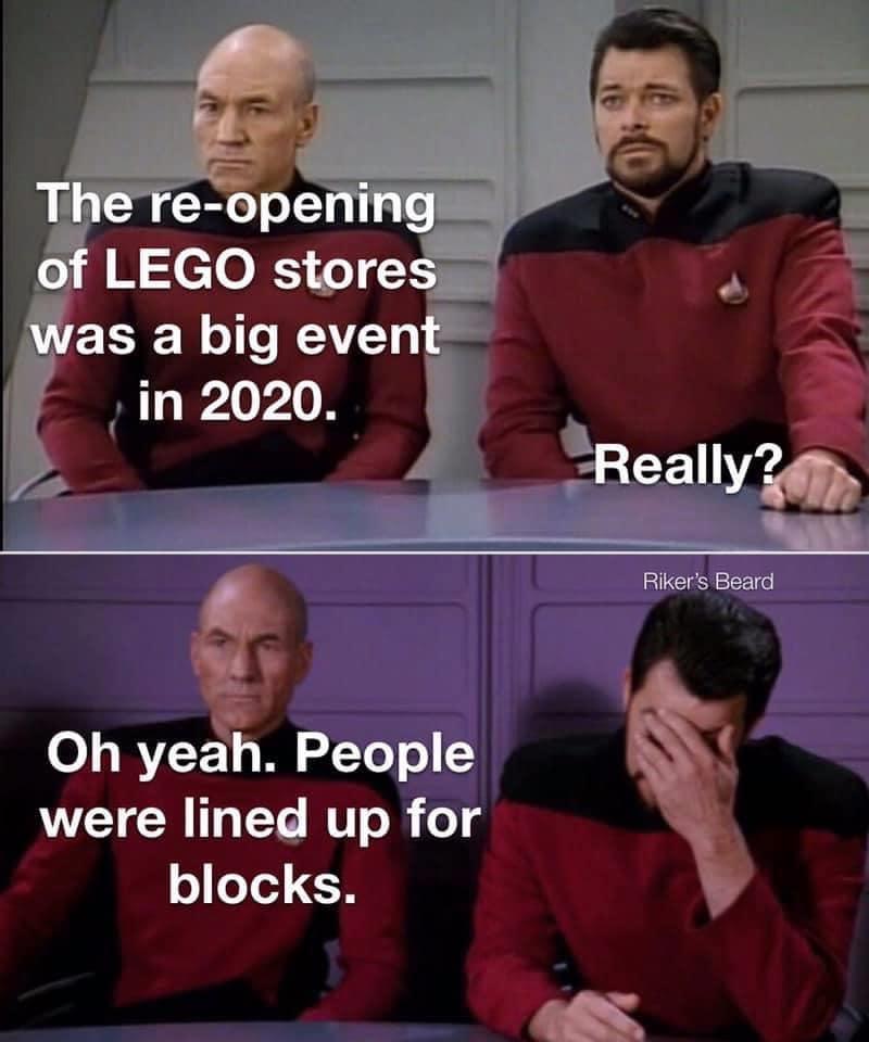 photo caption - The reopening of Lego stores was a big event in 2020. Really? Riker's Beard Oh yeah. People were lined up for blocks.