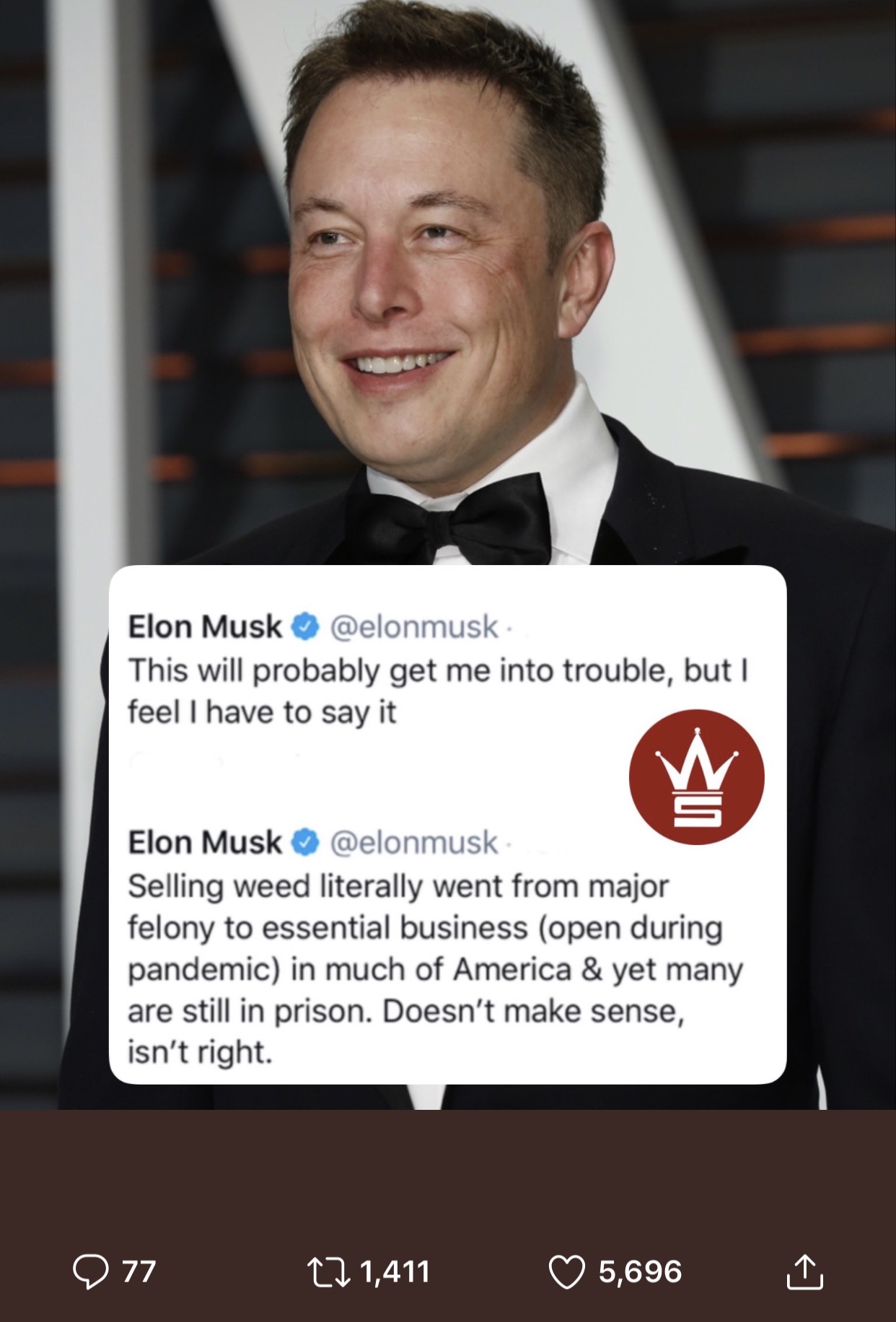 Elon Musk This will probably get me into trouble, but I feel I have to say it Su Elon Musk Selling weed literally went from major felony to essential business open during pandemic in much of America & yet many are still in prison. Doesn't make sense, isn'