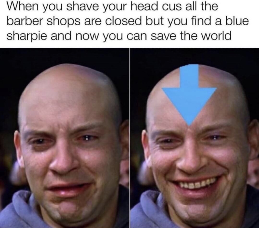 tobey maguire crying - When you shave your head cus all the barber shops are closed but you find a blue sharpie and now you can save the world