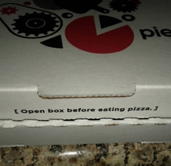 open box before eating pizza.