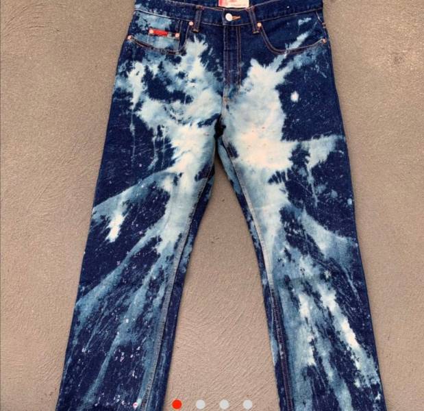 jeans with bleach dye that looks like dirty weird crotch stain