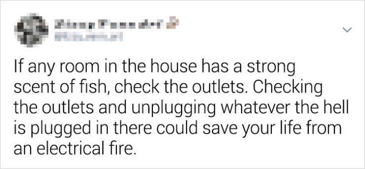 apology note to a friend - > If any room in the house has a strong scent of fish, check the outlets. Checking the outlets and unplugging whatever the hell is plugged in there could save your life from an electrical fire.