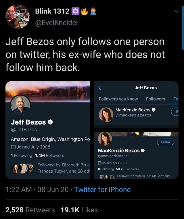 screenshot - Blink 1312 Jeff Bezos only s one person on twitter, his exwife who does not him back.