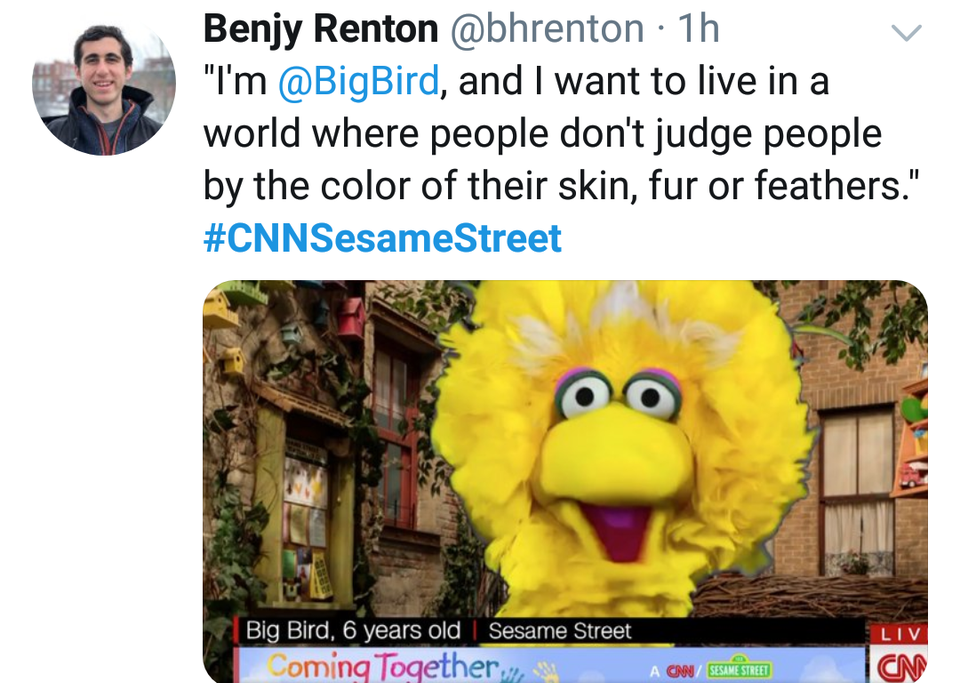 photo caption - Benjy Renton 1h "I'm , and I want to live in a world where people don't judge people by the color of their skin, fur or feathers." Street Liv Big Bird, 6 years old Sesame Street Coming Together A 60 Lastrid Cn