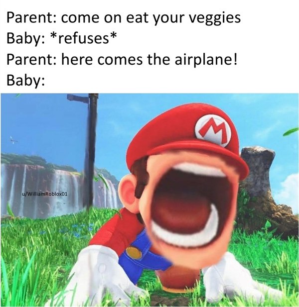 photo caption - Parent come on eat your veggies Baby refuses Parent here comes the airplane! Baby M uWilliamRobloxo1