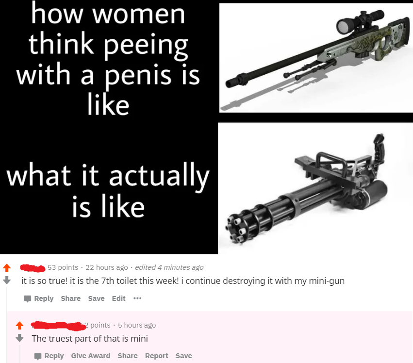 Internet meme - o how women think peeing with a penis is what it actually is 53 points 22 hours ago . edited 4 minutes ago it is so true! it is the 7th toilet this week! i continue destroying it with my minigun Save Edit points. 5 hours ago The truest par
