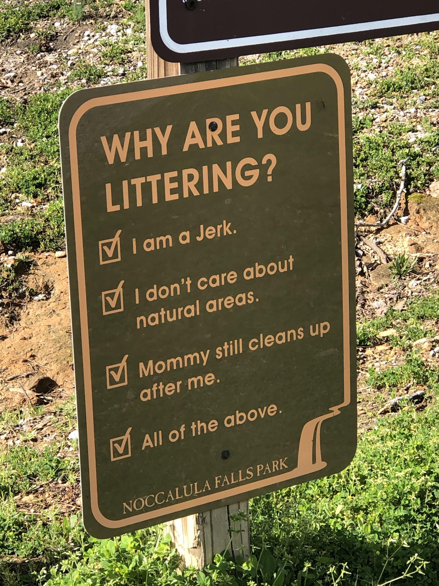 nature reserve - Why Are You Littering? I am a Jerk I don't care about natural areas Mommy still cleans up after me. All of the above. Noccalula Falls Park