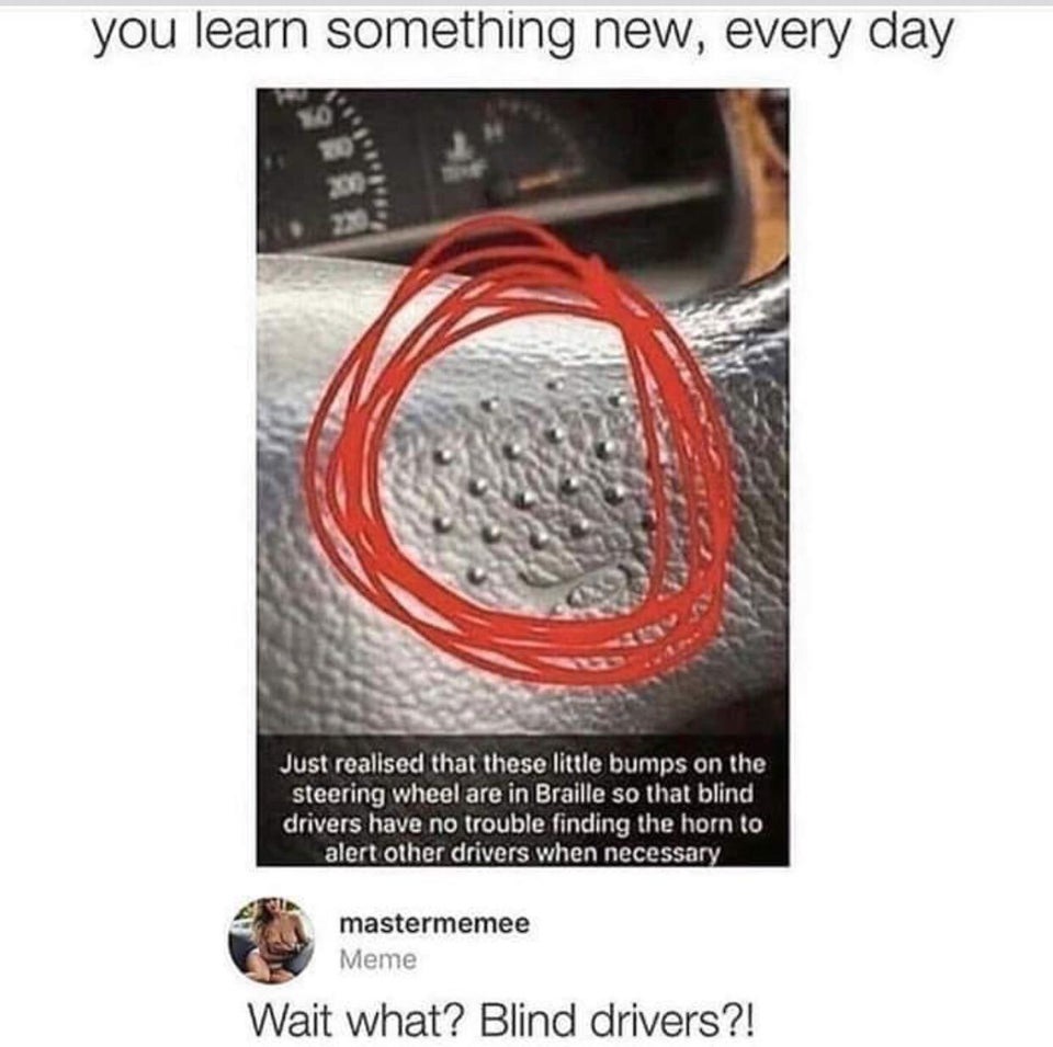 braille memes - you learn something new, every day Just realised that these little bumps on the steering wheel are in Braille so that blind drivers have no trouble finding the horn to alert other drivers when necessary mastermemee Meme Wait what? Blind dr