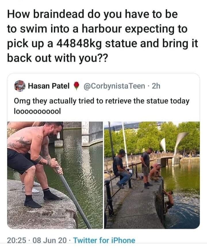 water - How braindead do you have to be to swim into a harbour expecting to pick up a g statue and bring it back out with you?? Hasan Patel Teen 2h Omg they actually tried to retrieve the statue today looooooooool . 08 Jun 20 Twitter for iPhone