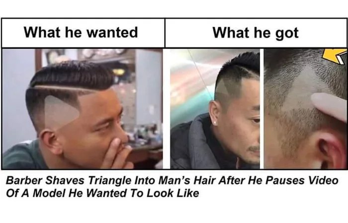 Hairdresser - What he wanted What he got Barber Shaves Triangle Into Man's Hair After He Pauses Video Of A Model He Wanted To Look