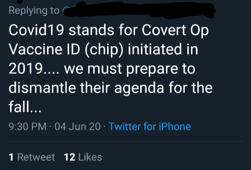 hb - Covid19 stands for Covert Op Vaccine Id chip initiated in 2019.... We must prepare to dismantle their agenda for the fall... 04 Jun 20 Twitter for iPhone 1 Retweet 12