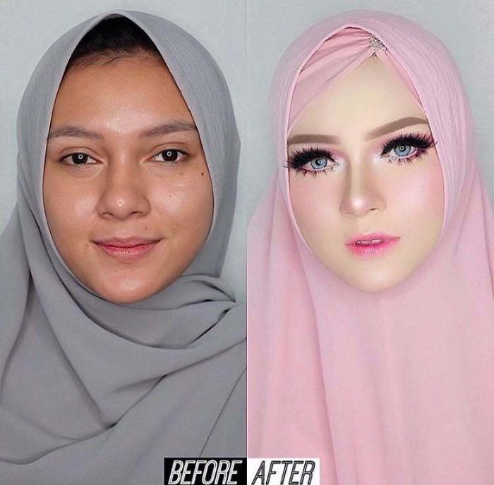 Before After woman with makeup instagram face filter fail
