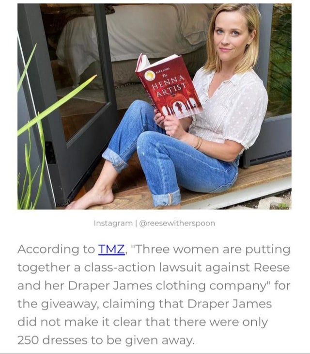 reese witherspoon barefoot - Henna Artist Instagram According to Tmz, "Three women are putting together a classaction lawsuit against Reese and her Draper James clothing company" for the giveaway, claiming that Draper James did not make it clear that ther