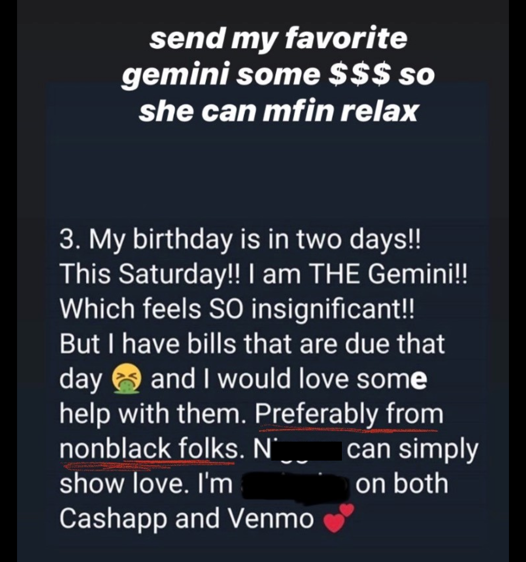 screenshot - send my favorite gemini some $$$ so she can mfin relax 3. My birthday is in two days!! This Saturday!! I am The Gemini!! Which feels So insignificant!! But I have bills that are due that day and I would love some help with them. Preferably fr