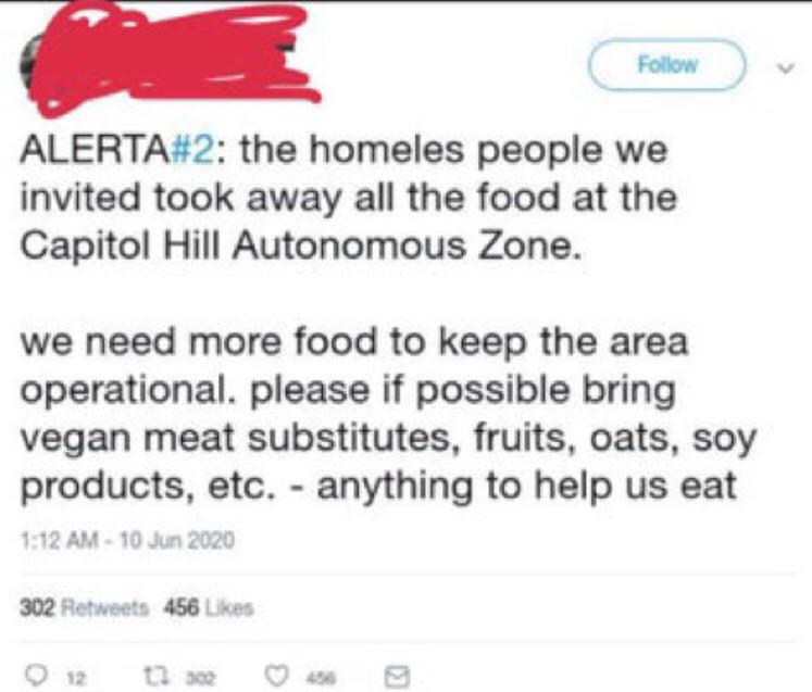sigma 50 150 - Alerta the homeles people we invited took away all the food at the Capitol Hill Autonomous Zone. we need more food to keep the area operational. please if possible bring vegan meat substitutes, fruits, oats, soy products, etc. anything to h
