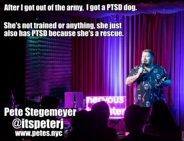 stage - After I got out of the army, I got a Ptsd dog. She's not trained or anything, she just also has Ptsd because she's a rescue. nervous ter Pete Stegemeyer Roflbot
