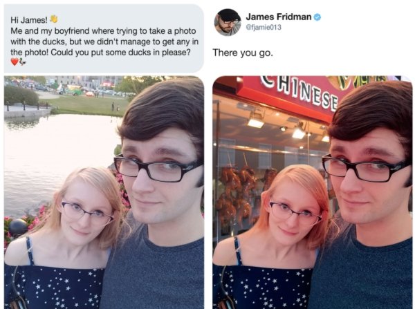 james fridman - James Fridman Hi James! Me and my boyfriend where trying to take a photo with the ducks, but we didn't manage to get any in the photo! Could you put some ducks in please? There you go. Chinese