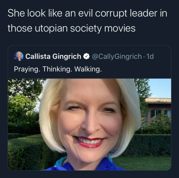 smile - She look an evil corrupt leader in those utopian society movies Callista Gingrich ~ 1d Praying. Thinking. Walking.