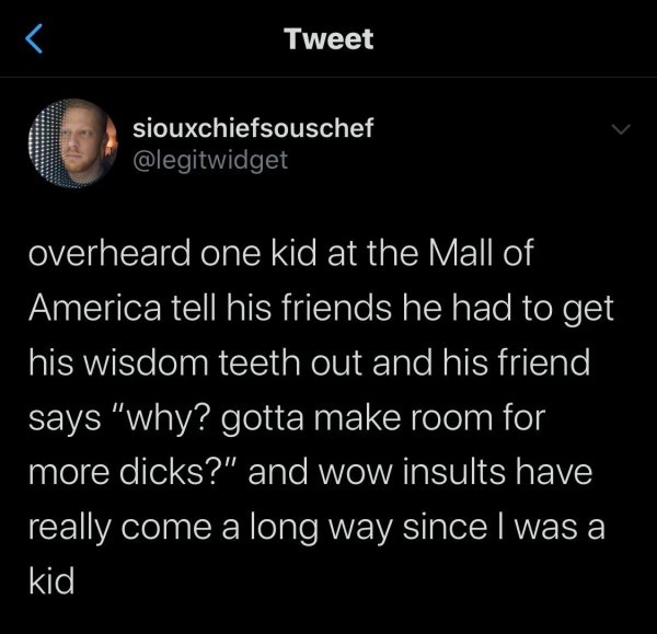 atmosphere - Tweet siouxchiefsouschef overheard one kid at the Mall of America tell his friends he had to get his wisdom teeth out and his friend says "why? gotta make room for more dicks?" and wow insults have really come a long way since I was a kid