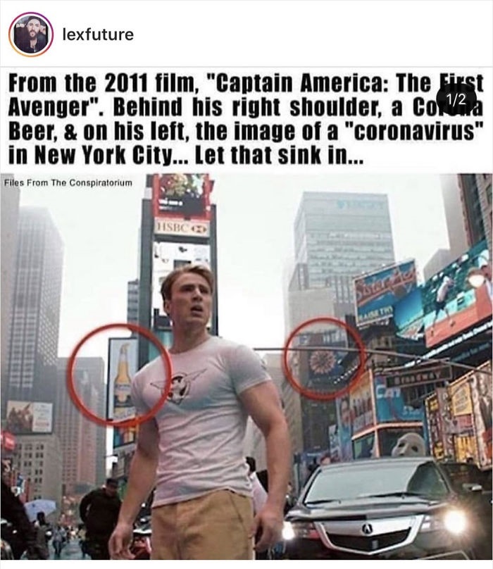 captain america the first avenger coronavirus - lexfuture From the 2011 film, "Captain America The First Avenger". Behind his right shoulder, a Co 12 Beer, & on his left, the image of a "coronavirus" in New York City... Let that sink in... Files From The 