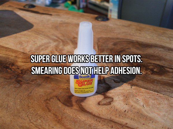 floor - Super Glue Works Better In Spots. Smearing Does Not Help Adhesion. Bostik