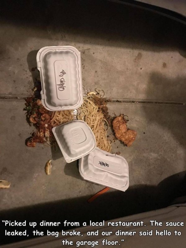 "Picked up dinner from a local restaurant. The sauce leaked, the bag broke, and our dinner said hello to the garage floor."
