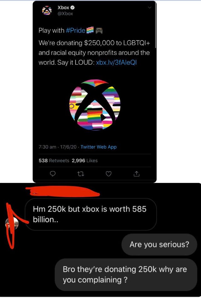 multimedia - Xbox Play with We're donating $250,000 to Lgbtqi and racial equity nonprofits around the world. Say it Loud xbx.lv3fAleQI . 17620. Twitter Web App 538 2,996 Hm but xbox is worth 585 billion.. Are you serious? Bro they're donating why are you 