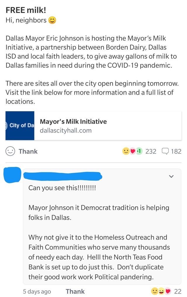 web page - Free milk! Hi, neighbors Dallas Mayor Eric Johnson is hosting the Mayor's Milk Initiative, a partnership between Borden Dairy, Dallas Isd and local faith leaders, to give away gallons of milk to Dallas families in need during the Covid19 pandem