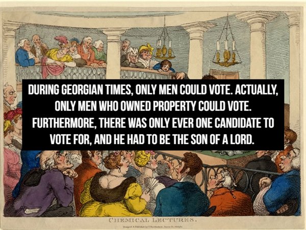 cartoon - During Georgian Times, Only Men Could Vote. Actually, Only Men Who Owned Property Could Vote. Furthermore, There Was Only Ever One Candidate To Vote For, And He Had To Be The Son Of A Lord. Chemical Lecturis.