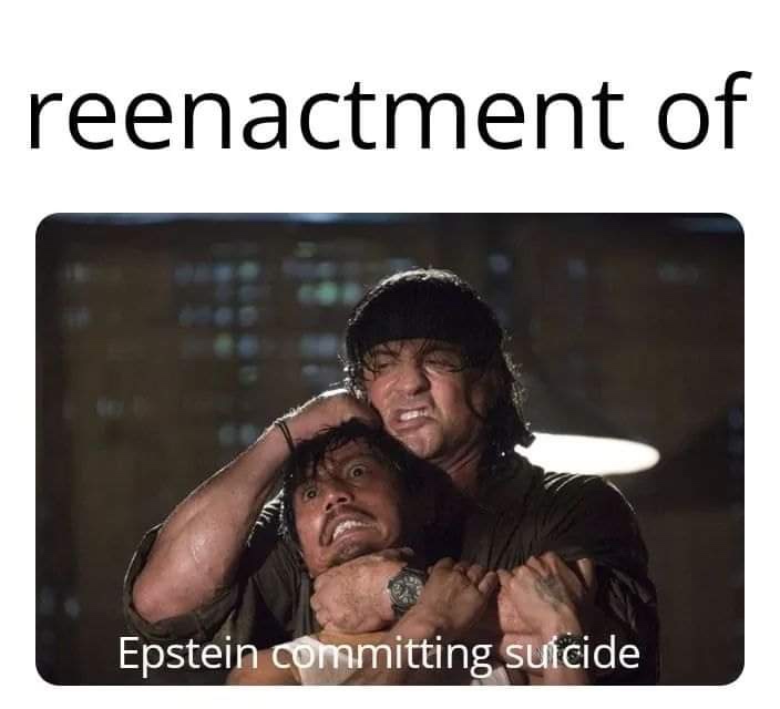 jeffrey epstein rambo meme - reenactment of Epstein committing suicide