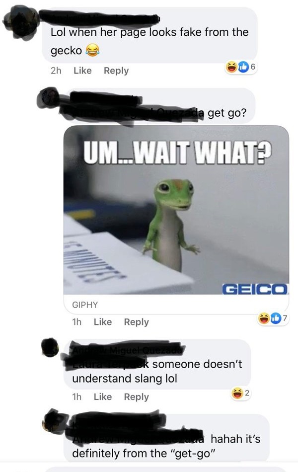 Lol when her page looks fake from the gecko 6 2h get go? Um...Wait What? Geico - k someone doesn't understand slang lol 1h 2 ad hahah it's definitely from the get go