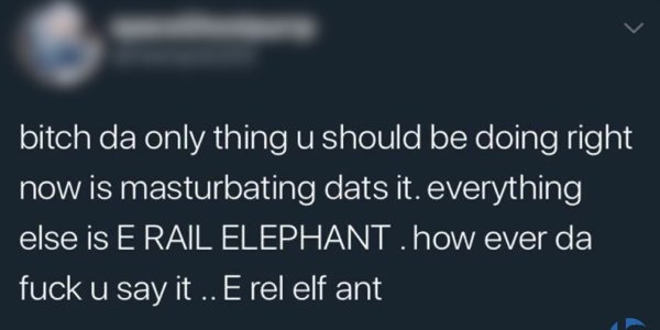 bitch da only thing u should be doing right now is masturbating dats it. everything else is E Rail Elephant .how ever da fuck u say it .. E rel elf ant