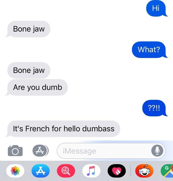 Hi Bone jaw What? Bone jaw Are you dumb ??!! It's French for hello dumbass