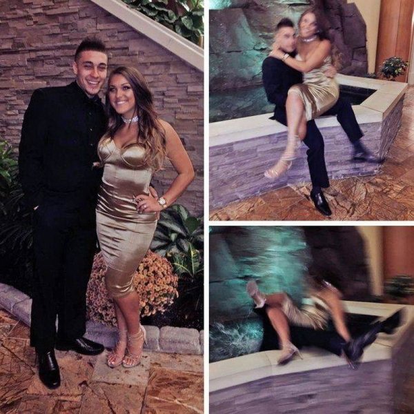 prom photo couple falling into water fountain