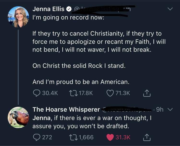 sky - Jenna Ellis I'm going on record now If they try to cancel Christianity, if they try to force me to apologize or recant my Faith, I will not bend, I will not waver, I will not break. On Christ the solid Rock I stand. And I'm proud to be an American. 