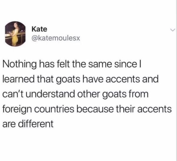 document - Kate Nothing has felt the same since | learned that goats have accents and can't understand other goats from foreign countries because their accents are different