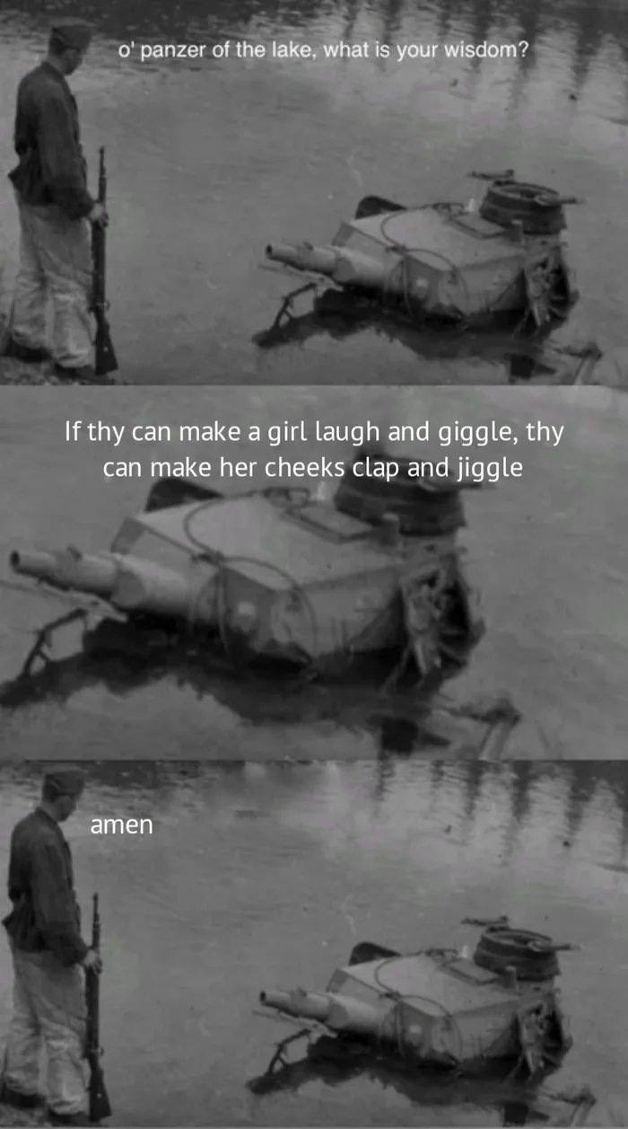 panzer of the lake meme - o' panzer of the lake, what is your wisdom? If thy can make a girl laugh and giggle, thy can make her cheeks clap and jiggle amen