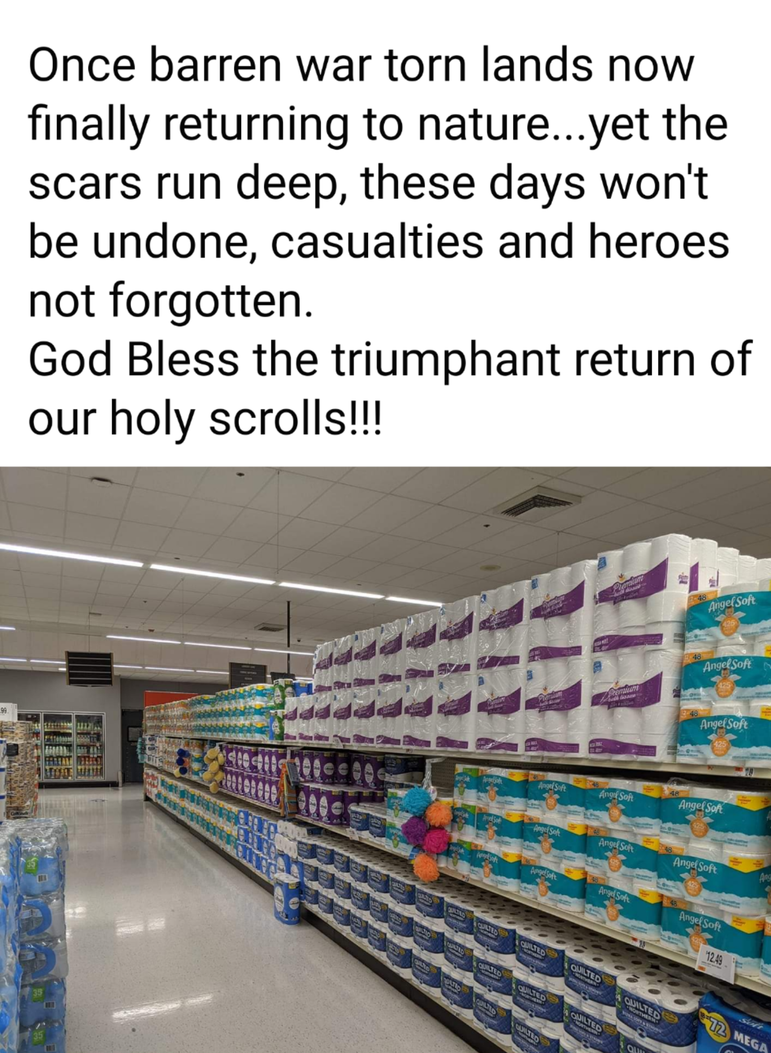 inventory - Once barren war torn lands now finally returning to nature...yet the scars run deep, these days won't be undone, casualties and heroes not forgotten. God Bless the triumphant return of our holy scrolls!!! fer