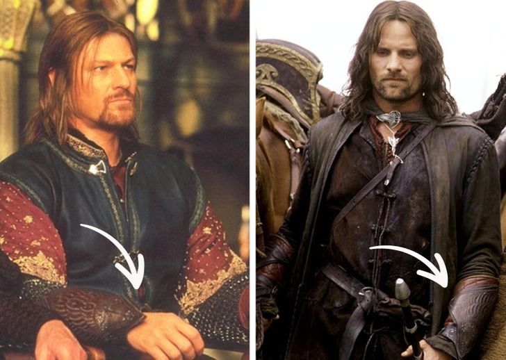 The Lord of the Rings. During the entire first film, Boromir wore arm armor with the symbols of Gondor. Before the death of Boromir, Aragorn promised him he wouldn’t let Gondor fall. When Boromir heard these words, he accepted Aragorn as his king. When Boromir died, Aragorn took his arm armor.This scene is in the film, but it only lasts for about 2 seconds. And it’s more about the feelings of Aragorn, rather than about the armor. In the future, this fact is not highlighted but Aragorn wears the armor in almost all of the fights, right up until the end of the story.
