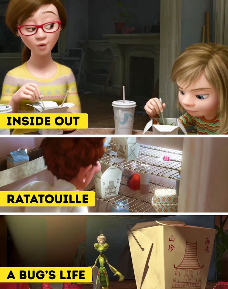 Inside Out. In some Pixar animations, you can see the same noodle box. This is just more proof for the fan theory that all the animations are in the same universe.