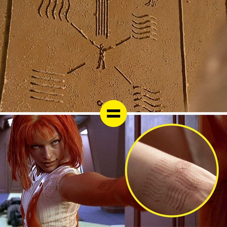 The Fifth Element. In the plot, the fifth element was supposed to unite with the 4 elements of Earth in order to fight the incoming evil. At the beginning of the movie, we see the hieroglyphs of all the elements: each of them consists of 5 lines. This is why the number 5 is seen in many different scenes.It would make sense for Leeloo to have a tattoo on her arm to unite all 4 elements. And she has it. But for some reason, there are 6 lines instead of 5. Fans think that the creators just made a mistake and didn’t correct it.
