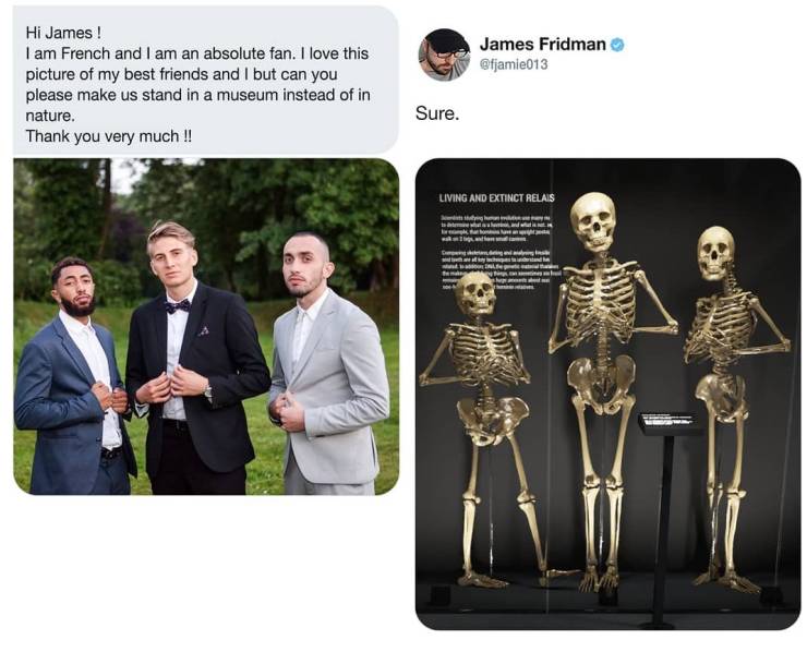 funny edited photos james fridman - James Fridman Hi James ! I am French and I am an absolute fan. I love this picture of my best friends and I but can you please make us stand in a museum instead of in nature. Thank you very much !! Sure. Living And Exti