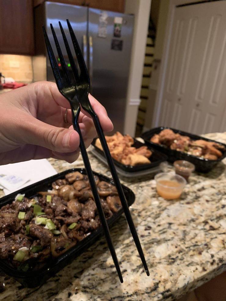 “A plastic fork I got with my take-out that can be pulled apart and turned into chopsticks.”